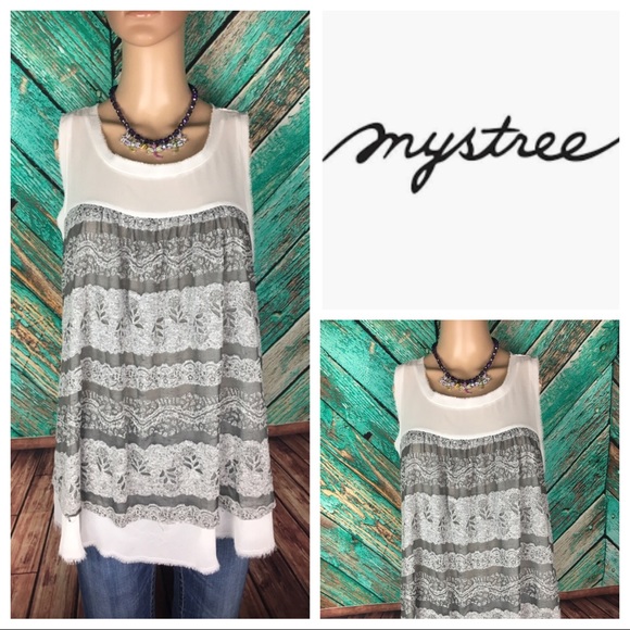 Mystree Tops - Mystree Grey Lace & Sheer Tank Top
